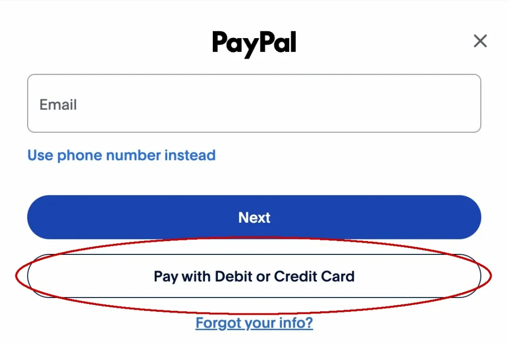 PayPal screen showing Pay with Debit or Credit Card button