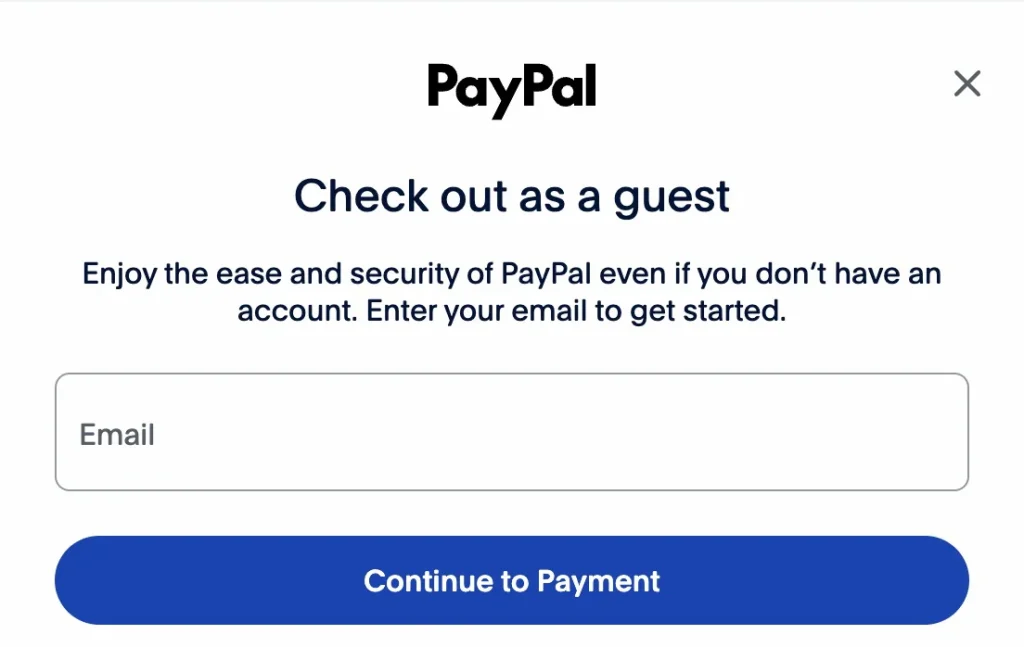 PayPal screen showing Check out as guest email entry