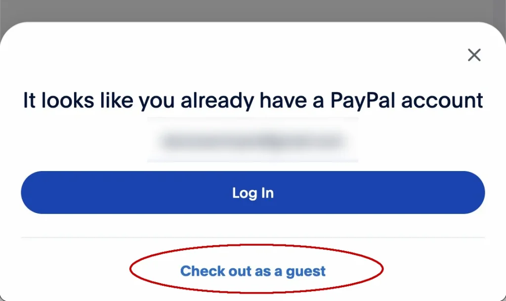 PayPal prompt with Check out as guest option outlined